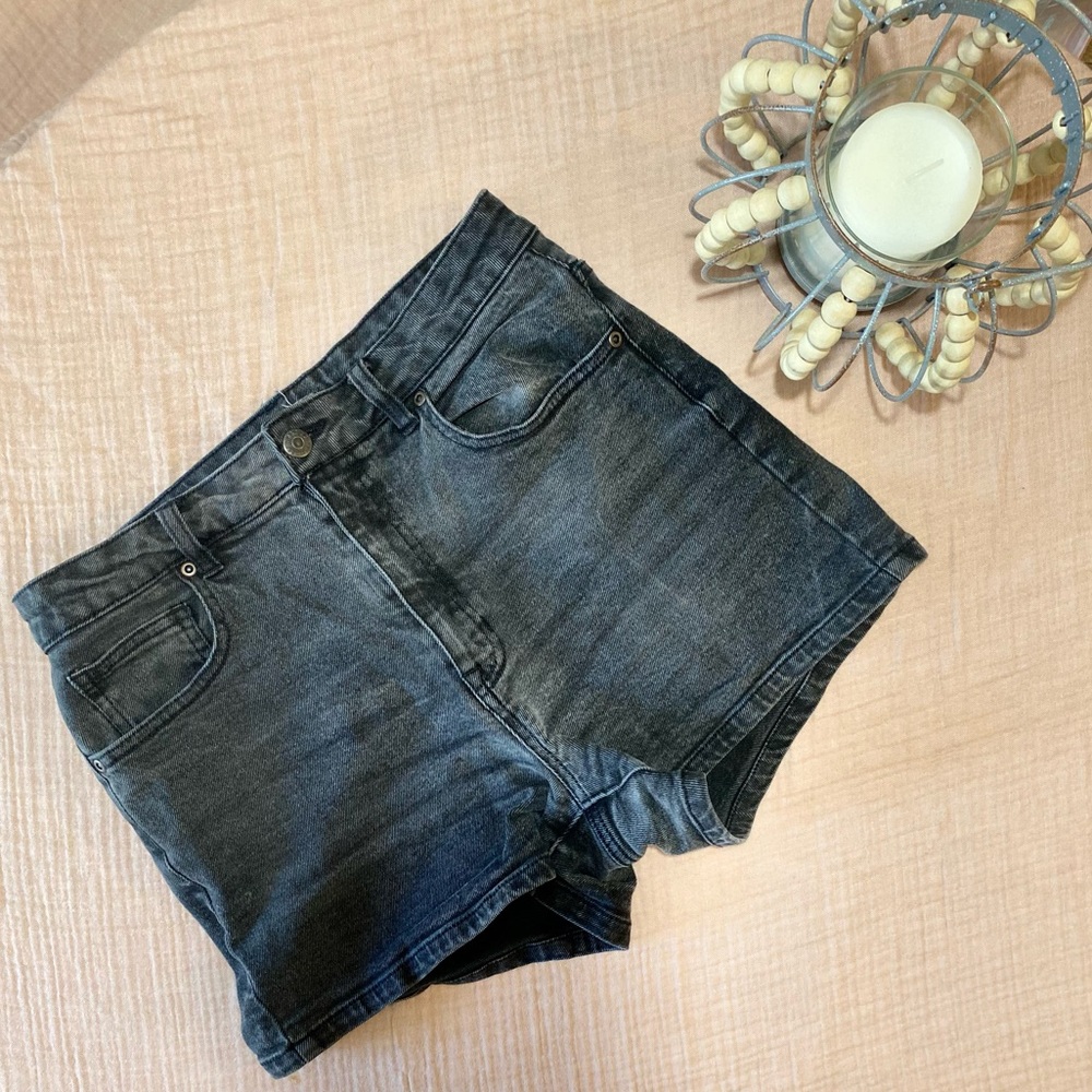 Faded black denim high waisted shorts